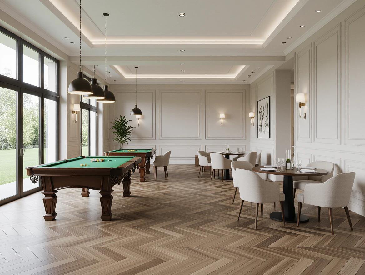 Expansive luxurious gathering hall with a sleek modern design. A snooker table on the left side and six elegant round tables for dining with ample space. Large windows showing a green lawn. High-quality wooden flooring and soft ambient lighting. Clean and uncluttered aesthetics. Wide-frame perspective to highlight spaciousness and elegance of the room.
