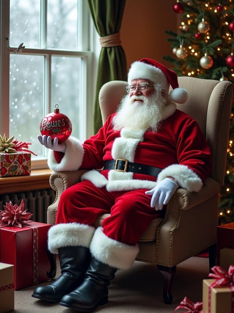 Santa Claus is seated in a cozy armchair. Gifts are scattered around him. Christmas decorations are in the room. Snow is falling outside the window. He holds a festive ball.