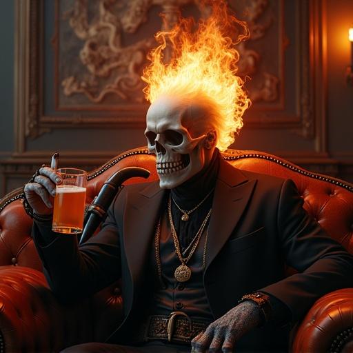 Ghost Rider character with flaming skull head sits on a leather couch. Character smokes a cigarette and holds a beer in a classy establishment. High society atmosphere with elegant decor.