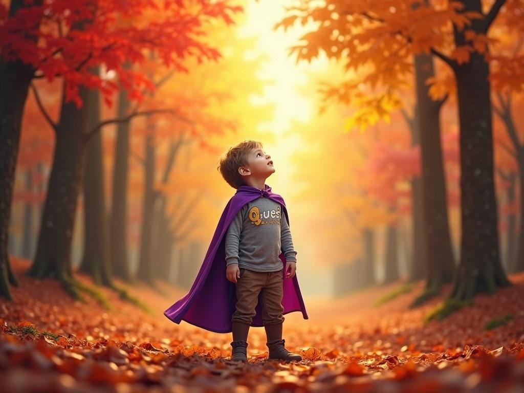 A child stands in a vibrant forest filled with autumn colors. The trees around them display rich hues of red, orange, and yellow. The child wears a purple cape and a gray shirt that says 'Quest' on it. They are looking up towards the sky, creating a sense of wonder and adventure. Sunlight filters through the leaves above, illuminating the scene with a warm glow. The ground is covered in fallen leaves, enhancing the autumn atmosphere. It's a magical moment, perfect for storytelling or imaginative play.