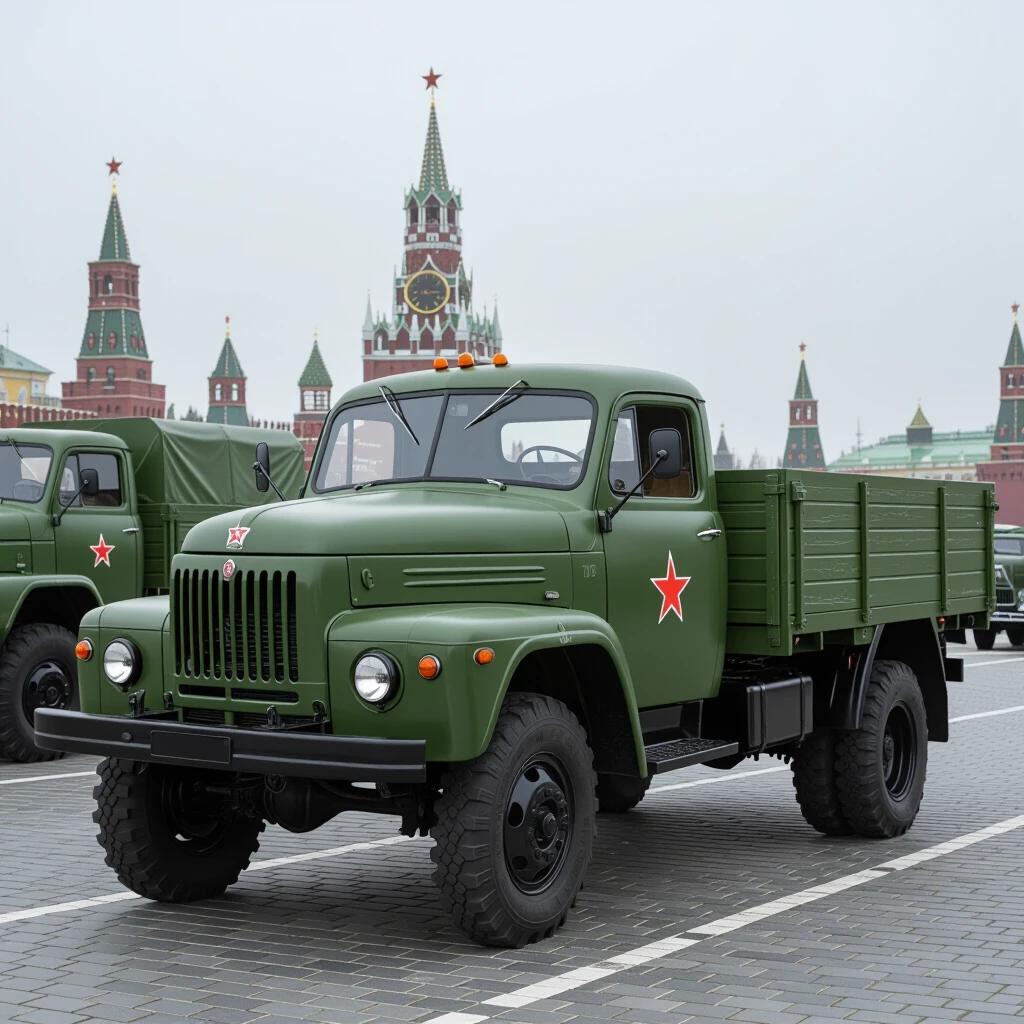Display of a Soviet Zil 157 truck in front of the Kremlin. Military green color scheme. Classic truck design with a star emblem. Historic Soviet architecture in the background.