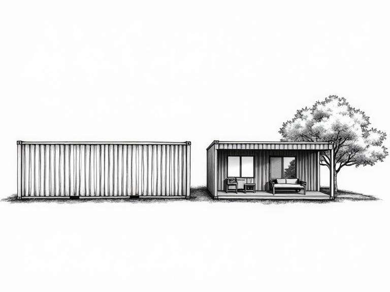 Black and white line art illustration showing a coarse shipping container next to a modern converted container home. High contrast monochrome ink drawing. Structures have identical dimensions to emphasize differences. Subtle details highlight functional living space.