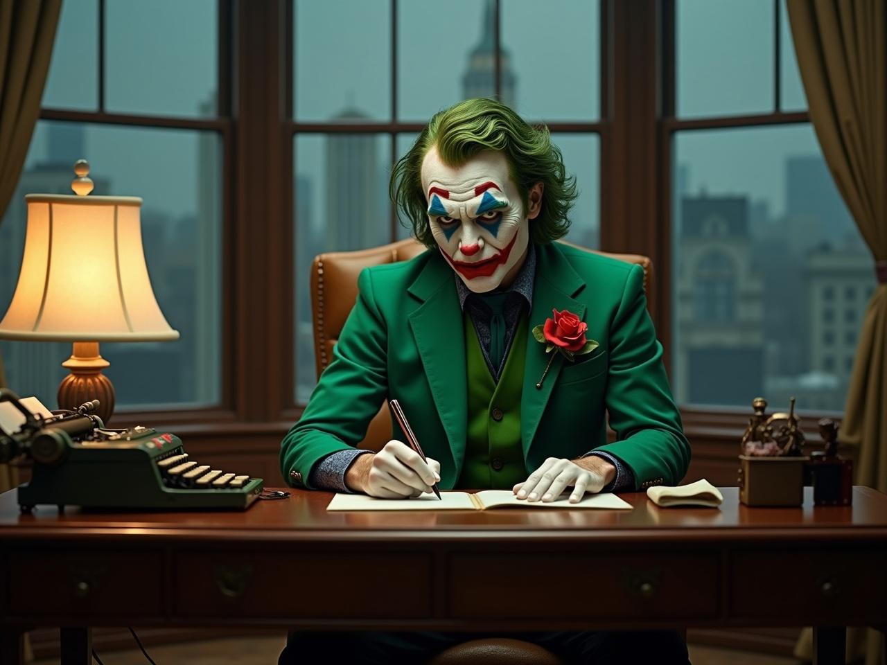 The image features a character known for his mischievous personality, sitting at an elegant wooden desk. He wears a vibrant green suit that contrasts with his pale skin and exaggerated facial makeup. The setting includes a classic typewriter beside him and a soft lit desk lamp, illuminating the scene. Large windows in the background reveal a cityscape, adding to the dramatic atmosphere. His expression is intense and thoughtful, suggesting he is in the midst of a creative endeavor. The overall ambiance blends elements of sophistication with a hint of chaos.