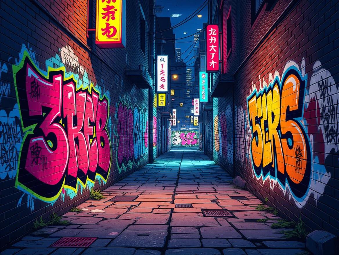Stylized urban alleyway scene with bold graffiti. Expressive art covers walls with manga characters in dynamic poses. Intense chiaroscuro lighting creates deep shadows and highlights. Cracked pavement and brick details with dramatic inking lines. Neon signage adds to street culture aesthetics.