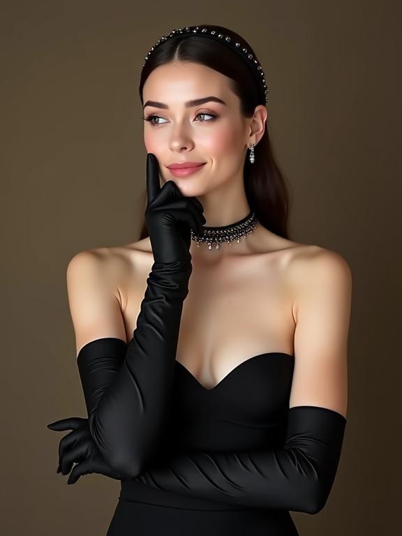 A young caucasian woman in an elegant ballroom. She has pale skin and dark brown hair in a black headband with shiny studs. Wearing a strapless black bandeau top and matching skirt. Long black opera gloves add class. A sparkling choker necklace catches light. Subtle makeup enhances her features. Thoughtful expression with a slight smile. Soft lighting highlights details.