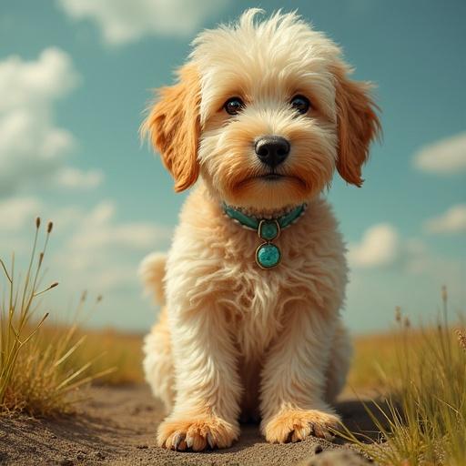 A fluffy cream-colored dog with a turquoise collar sitting in a grassy field under a blue sky. The dog looks directly at the camera with a curious expression. The background features soft clouds and a natural landscape.