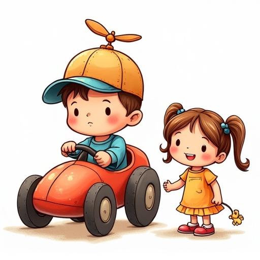 Colorful drawing showing a little boy in a soapbox kart with a propeller cap. A girl with pigtails stands beside him with a floppy doll. The drawing has a dark brown outline.
