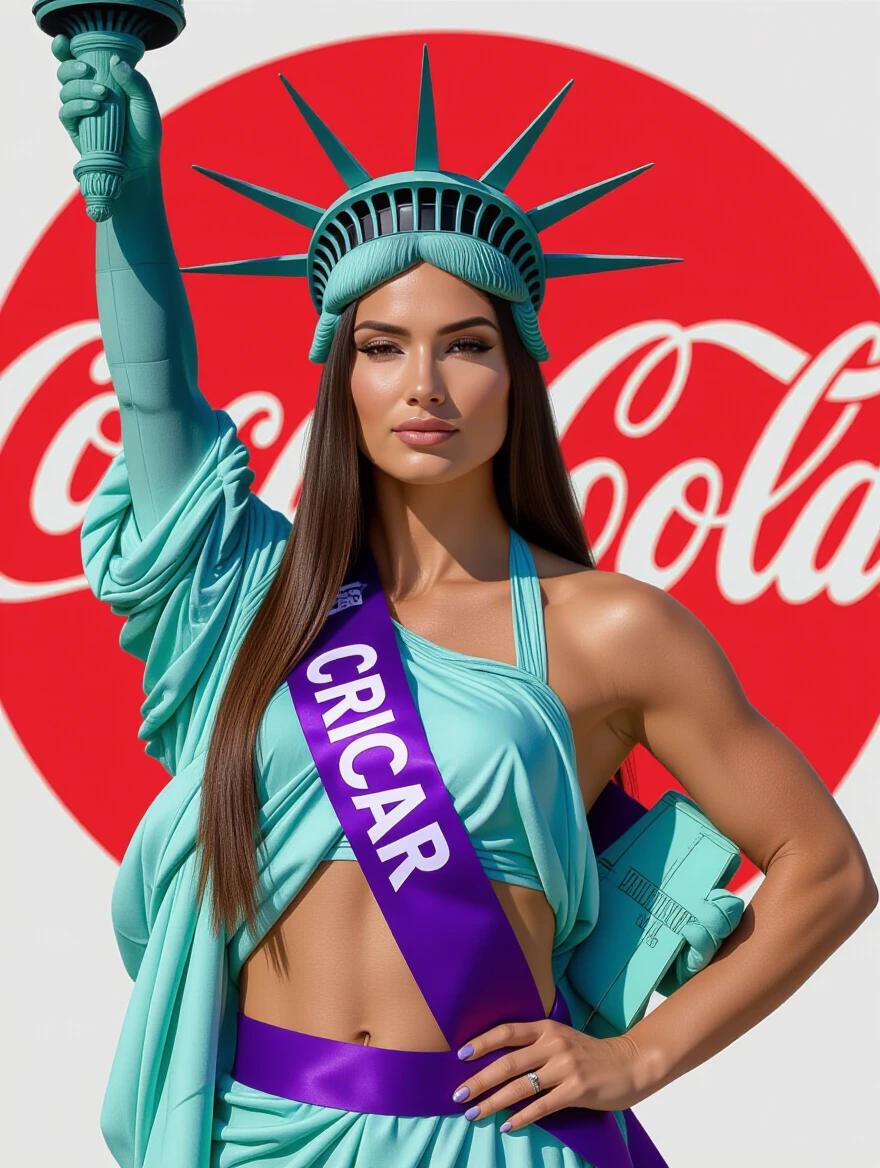 Photograph of a woman replica of Statue of Liberty's crown toned athletic physique purple sash. Long brown hair serious expression right arm crosses chest left hand on hip. Light brown skin tone defined jawline high cheekbones medium-sized breasts. Background large red circle white Coca-Cola logo center. Woman positioned off-center right rule of thirds. Camera angle eye-level even lighting. Very high aesthetic quality sharp details balanced composition.