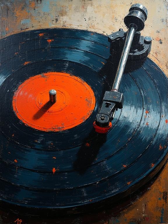 Abstract painting of a vinyl record on canvas. Close-up with hints of grooves visible. Use of harsh strokes and painterly style. The impression is moody and incomplete.