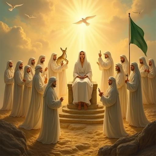 A symbolic and spiritual oil painting in realistic style with a soft artistic touch. Features fourteen figures in white robes on a golden rugged landscape. Central woman sits on a throne, radiating grace and spiritual strength. Thirteen figures surrounding her with unique symbols of knowledge, oppression, innocence, and a green flag. Soft golden clouds and doves in the background. Emphasizes purity and divine illumination.
