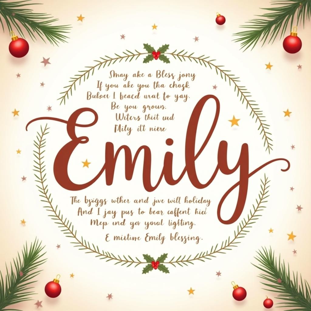 This image features a Christmas blessing dedicated to Emily. It highlights the name 'Emily' in a beautiful handwritten font, making it stand out. Surrounding the name are festive decorations including pine boughs and ornaments. The text conveys warm holiday wishes and blessings. The overall color scheme is red, green, and gold, creating a cheerful Christmassy atmosphere.