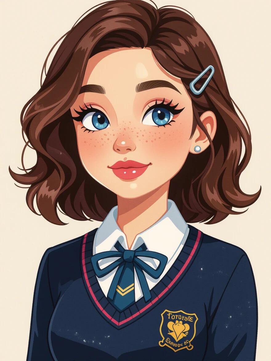 Character with heart-shaped face and glossy pink lips wearing a school uniform. Dark brown messy shoulder-length hair held by a blue scrunchie and a silver clip. Branded crest on the uniform with navy blue color. Liquid-blue large eyes with thick lashes.