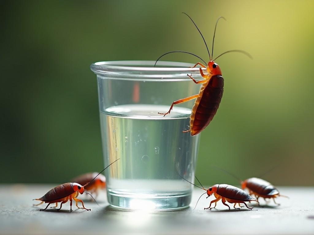 The image captures a moment of a cockroach climbing towards a cup filled with water, creating a sense of curiosity and cautious anticipation. Several other cockroaches are observing from a distance, showcasing their social behavior. The scene is depicted in a close-up perspective, emphasizing the details of the cockroach's body and the clarity of the water. The natural lighting adds a warm glow, enhancing the focus on the main subject. This illustrates the thrilling yet nervous moment in nature where an insect explores its environment in slow motion.