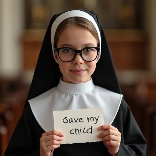 Girl with brown hair in a nun's uniform and glasses holding a sign that says Save my child in a church