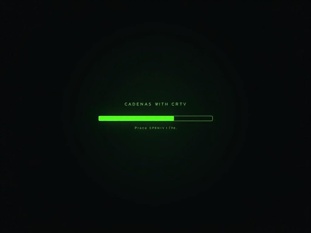 A glowing green command line interface on a black background with a progress bar and text.