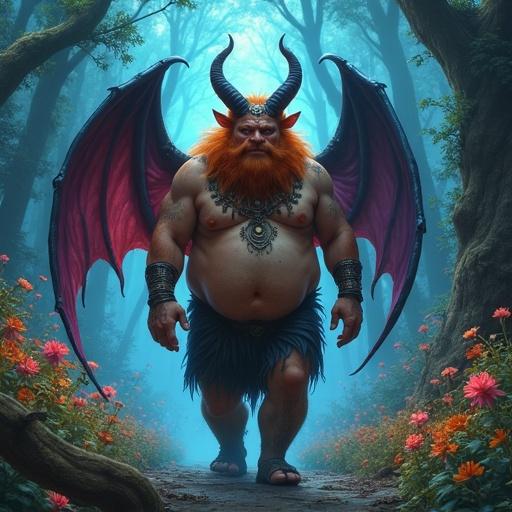 A hyper-realistic image of a ginger-haired hairy male humanoid features bat wings and horns. Character wears body jewelry. He strides confidently through a vibrant forest. The atmosphere is filled with mist and exotic flowers. The style is a blend of fantasy illustration and realism. Deep blues purples and greens are the dominant colors, illuminated by an eerie glow.