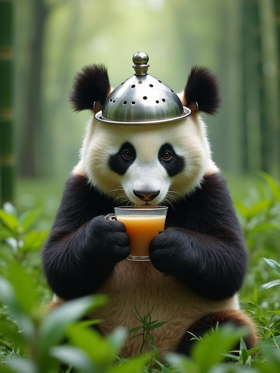 Panda with a stainless steel colander on the head drinking milk tea. Set in a bamboo forest with grassland style. Atmospheric distance perspective and natural green style. Plush texture appears soft and inviting.