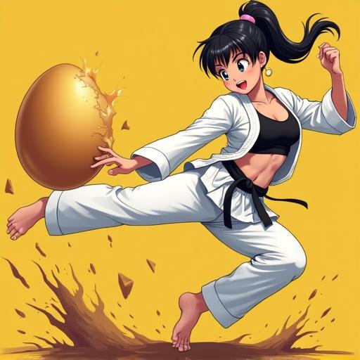 Anime female karateka wearing sports bra kicks large golden egg. Woman is smiling. Dynamic action scene captured. Bright colors enrich the image.
