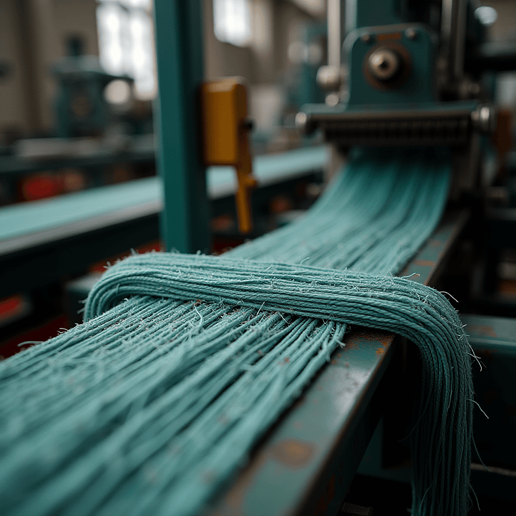 A close-up view of teal-colored fibers being processed in an industrial textile machine.