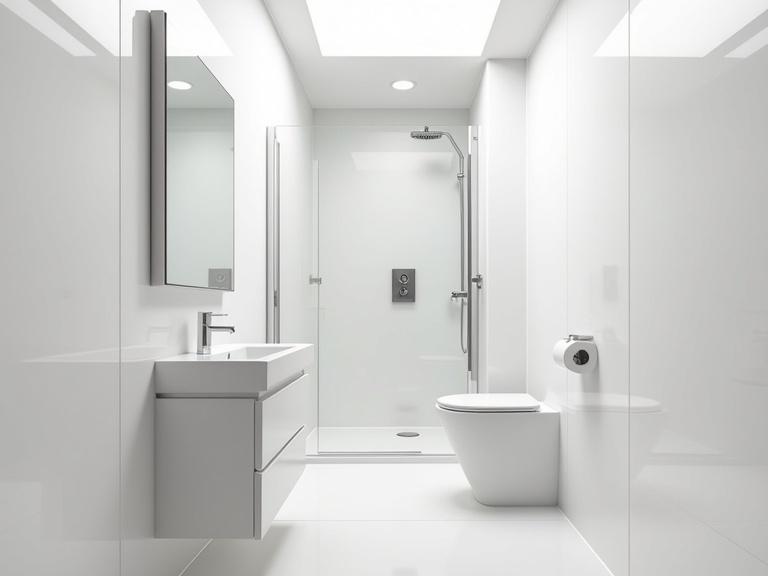 Small modern bathroom showcasing clean white tiles and natural lighting. Includes a ceramic basin with a mirror on the left, a sleek toilet on the right, and a frameless glass shower cabin centered with chrome fixtures. Emphasis on compact and minimalist design with realistic proportions and subtle reflections.