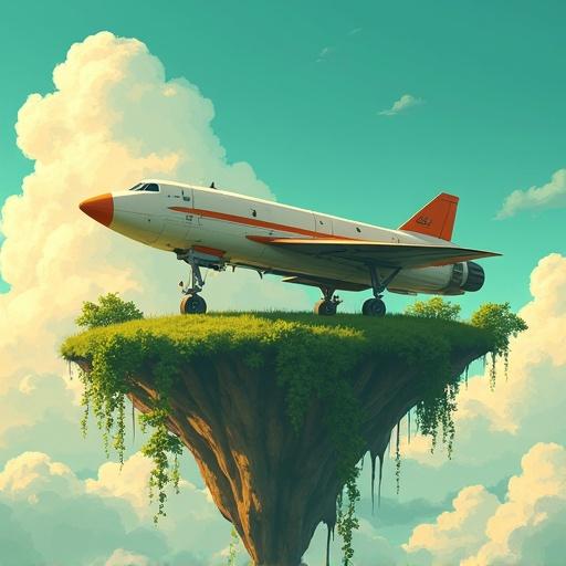 Sleek rocket parked on a grassy floating island in the sky. Digital painting in whimsical fantasy style. Inspired by Studio Ghibli. Ultra HD resolution. Vines wrap around landing gear. Teal skies with warm clouds. Golden hour glow.