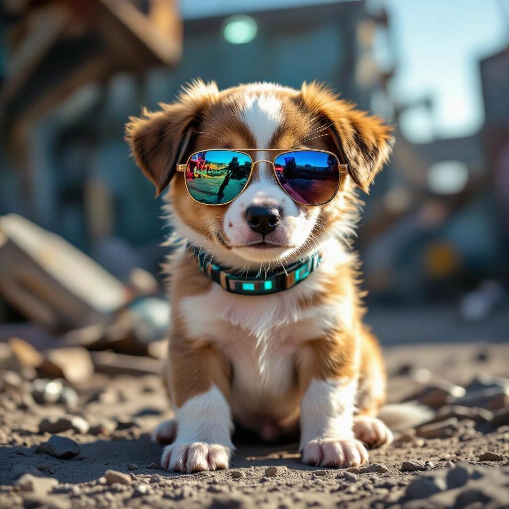 Raw photo of a puppy sitting in a junkyard wearing sunglasses. Futuristic scene with vibrant colors and playful expression.