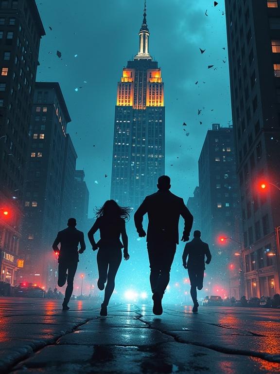Modern espionage thriller book cover art featuring four stylized figures. One female silhouette is front and more visible. Three men run urgently behind her, slightly splitting apart. Scene set against a dark, imposing cityscape with a government building silhouette. Overlay of fragmented digital code and faint shattered glass. Cinematic lighting creates deep shadows and sharp highlights. Gritty chaotic mood suggests high-speed escape. Color palette includes deep blues, blacks, cold greys, emergency red, and warning orange.