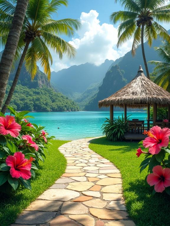 Tropical paradise scene with stone pathway as the focus. The pathway made of flat stones in beige, tan, and light gray curves gently through lush green grass. Vibrant hibiscus flowers bloom in bright red and pink hues on both sides. The path leads to a rustic thatched-roof gazebo surrounded by tropical plants. In the background, a turquoise lagoon reflects the clear blue sky with gentle ripples. Tall palm trees frame the scene, with mountains and jungle foliage beyond. The overall atmosphere is vibrant and serene.