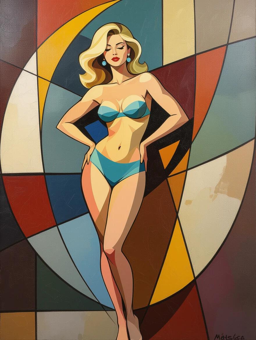 Matisse inspired abstract art featuring a stylized feminine figure. The model adopts a confident pose with defined curves. The painting showcases bold colors and geometric shapes. Dramatic lighting enhances the aesthetic appeal. Suitable for modern decor.