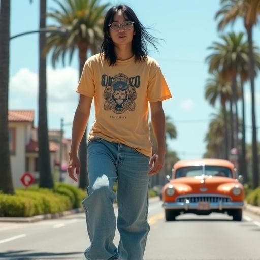 A male wearing a graphic tee and baggy jeans walks confidently on a sidewalk. Palm trees line the street. An orange vintage car drives by. Scene captures the essence of skateboarding culture.