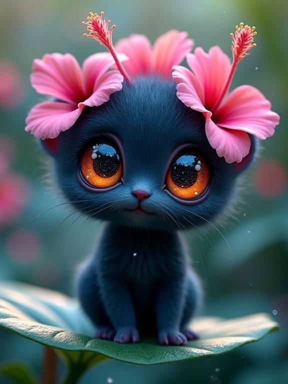Captivating little creature with a furry body and large expressive eyes. It has deep, charcoal blue fur and vibrant orange eyes. Hibiscus flowers adorn its head. The creature is on a glossy green leaf in a lush environment filled with soft bokeh lights.