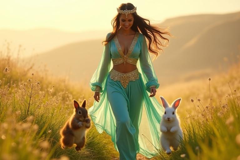 Tall Arabian princess walks gracefully through glowing grassland accompanied by radiant animals. Scene captured from front-left angle at ground level. Princess pauses mid-step with a smile as a golden-brown squirrel and white rabbit run toward her. Grass sparkles with hints of magic, squirrel leaps over flowers while rabbit bounds eagerly. Princess wears turquoise attire with gold embroidery and sheer pants. Black hair flows behind her; she lowers her arms to welcome the creatures. Soft green grass and golden sky enhance whimsical atmosphere.