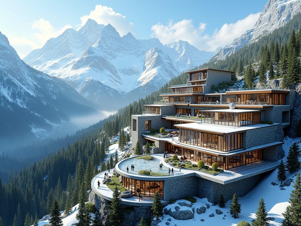 This image features a luxurious and modern multi-story mountain lodge nestled against a backdrop of majestic snow-capped peaks. The architectural design is contemporary, showcasing wide glass windows and expansive terraces that overlook a dense forest of evergreens. The atmosphere is serene and pristine, with clear blue skies and sunlight highlighting the natural beauty of the landscape.