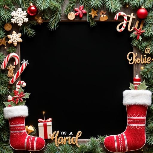 Square-format family Christmas-themed photo collage. Two empty black-background photo frames with irregular festive shapes. First frame is a large Christmas stocking shape, slightly off-center to the lower right. Second frame is snowflake-shaped, visible behind the stocking frame. Frames have cozy borders like knitted patterns and candy cane stripes. Decorated with Christmas-themed items like ornaments, bells, and fir branches. Phrases like “Merry Christmas” artistically arranged in festive fonts. Warm, joyful atmosphere highlighting family celebration.