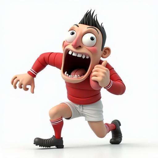 A 3D cartoon character of a rugby player in motion. The character is wearing a red jersey and white shorts with soccer shoes. The background is clean and white. The character has an energetic pose and looks playful.