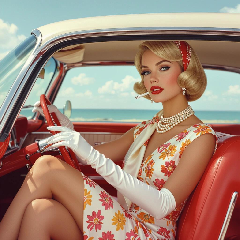Stunning portrait of a 1960s woman with a voluminous platinum blonde hairstyle. A scarf over her hair, adorned with a pearl necklace and diamond earrings. Sitting in a vintage car, legs shown with high heels while holding a cigarette. Flawless makeup with winged eyeliner and ruby lipstick. Wearing a classic sundress in vibrant colors, accessorized with white gloves. Rendered in a mid-century sophisticated style.