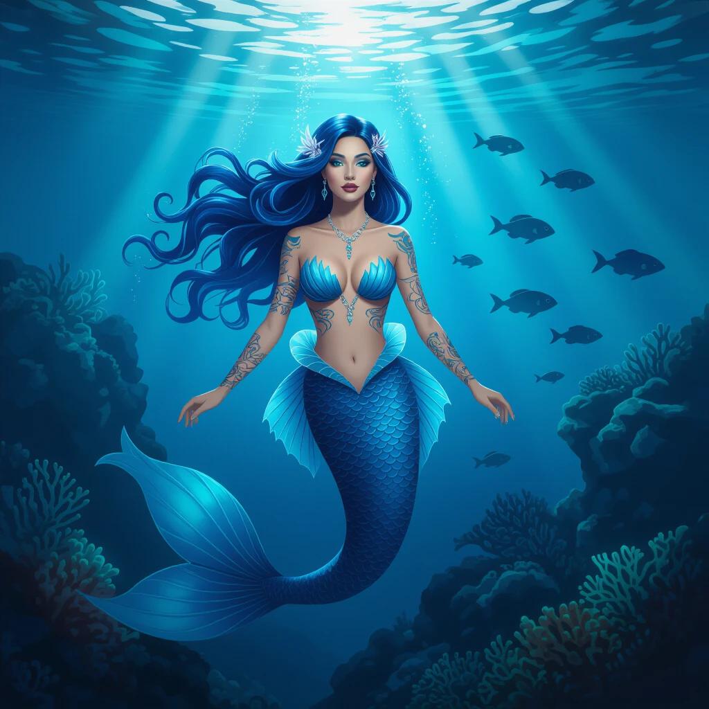 A mermaid glides through the underwater realm. Soft light filters from above. Deep blue hair flows elegantly. Scale-like tail mimics ocean hues. Intricate tattoos adorn her arms. Silhouettes of fish swim by. Rocky formations enhance the backdrop. An enchanting and dreamy underwater narrative unfolds.
