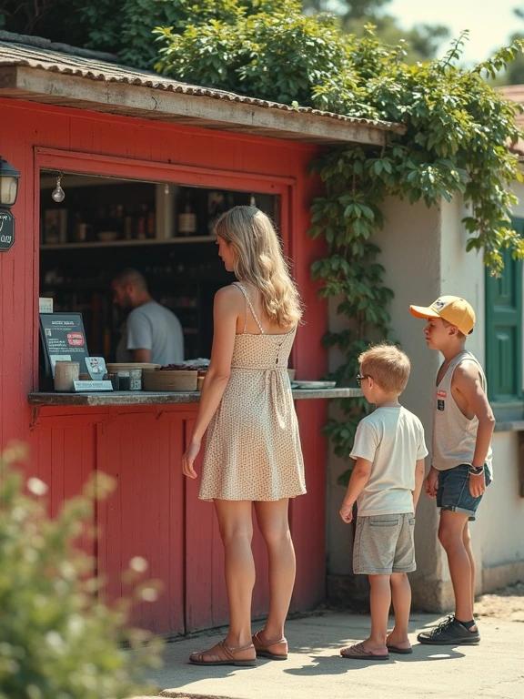 Woman wears a sundress and talks to two boys by a colorful neighborhood stand. The stand displays a sign for massages. The scene shows a casual summer atmosphere with vibrant colors and natural lighting.