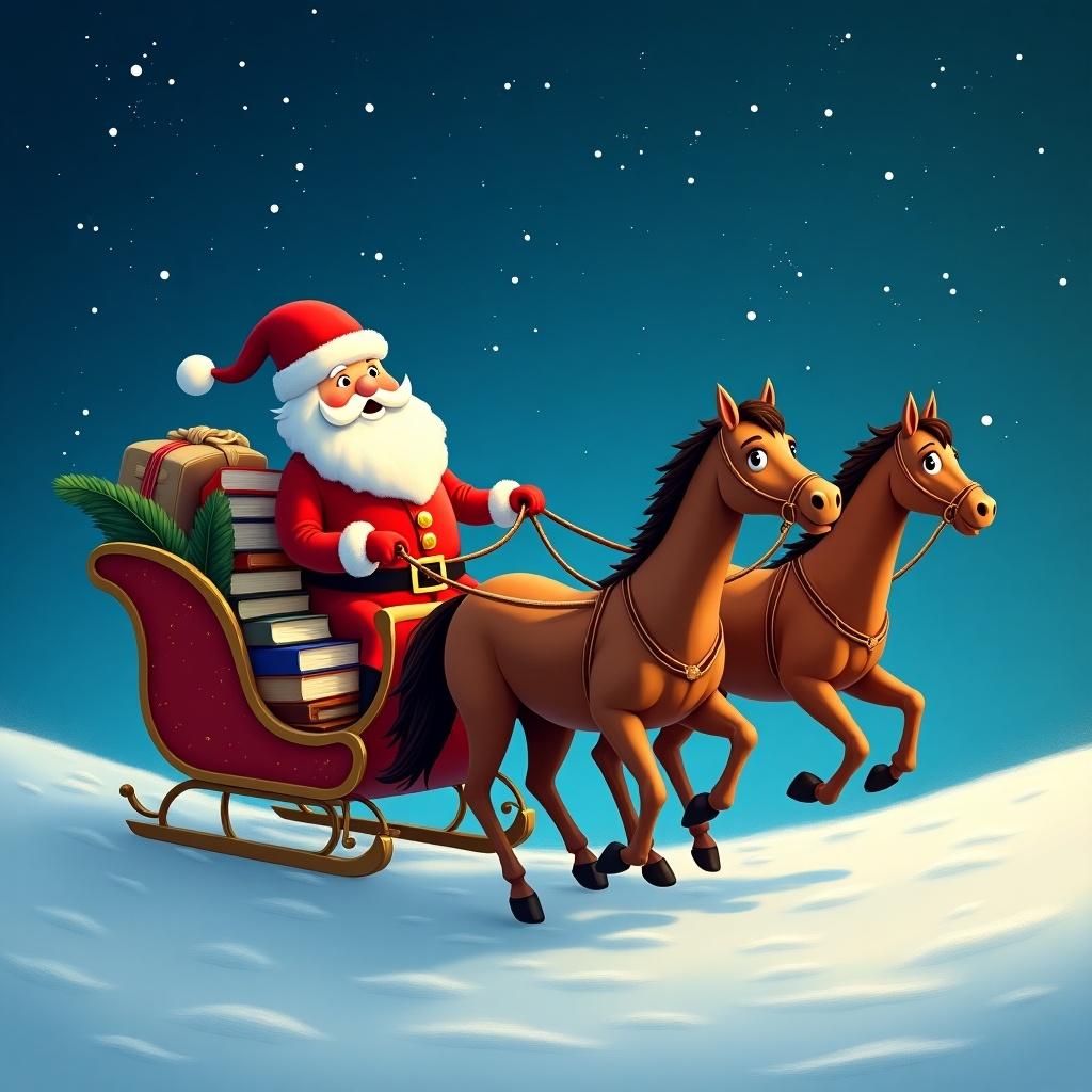 Santa Claus drives a sleigh pulled by two horses at night. The sleigh is filled with books and luggage bags. Stars shine in the sky creating a magical atmosphere.