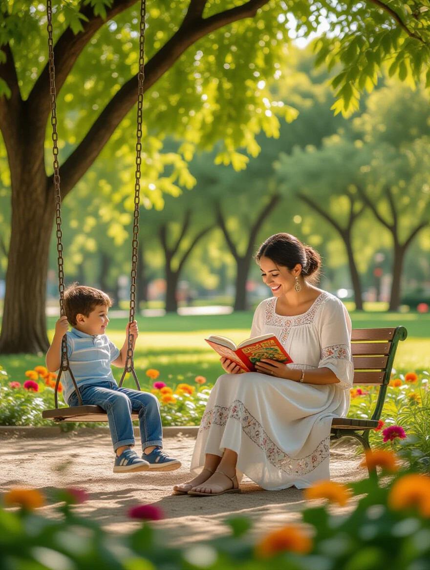 A Mexican mother reads a book while sitting on a park bench. A son plays happily on a swing nearby. The park is lush with green trees. Colorful flowers bloom around the scene. Soft sunlight enhances the peaceful atmosphere.