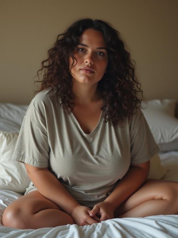 Curvy woman in oversized tee sits on edge of bed. Soft natural lighting illuminates relaxed atmosphere in homely bedroom setting.