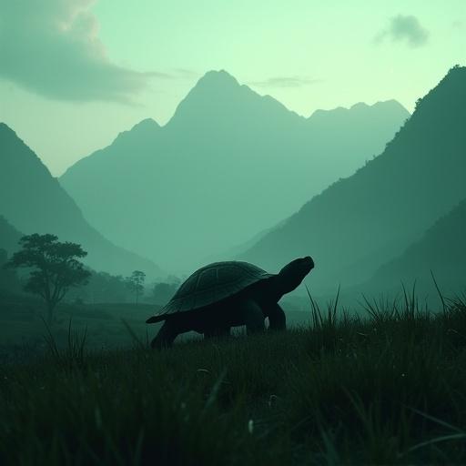 A large turtle silhouette walks across grassy land. Huge hills and mountains loom in the background. The scene is atmospheric with fog and soft green light. This image captures a cinematic moment with high detail and realism.