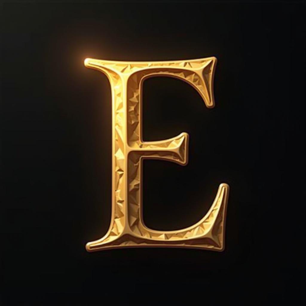 Gold letter E displayed in a serif font style against a black background