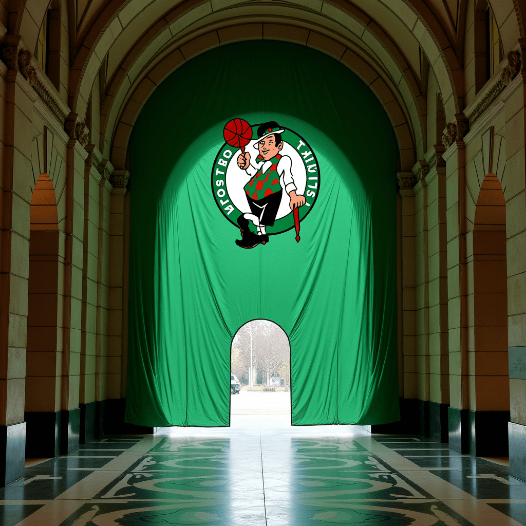 A basketball-themed artwork hangs under a large archway in a building corridor.