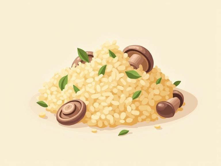 Creamy Arborio rice with porcini mushrooms is featured. Vector illustration showcases clean geometric shapes. Soft edges and high contrast. Background bleeds light tones.