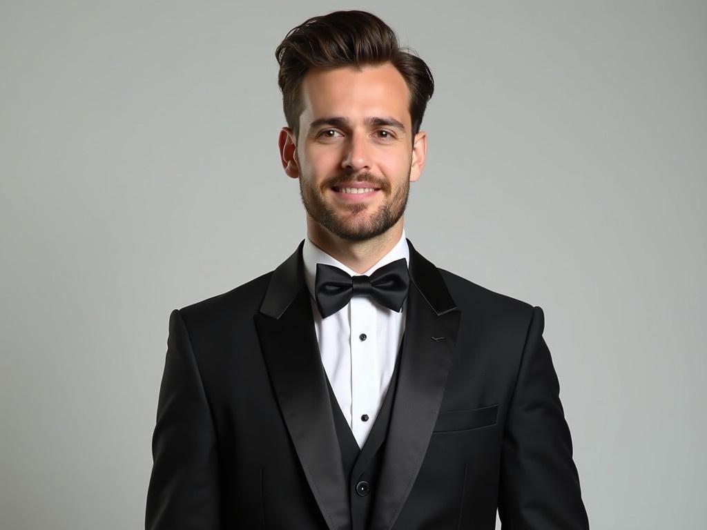 The individual is dressed as if he is wearing a tuxedo, suitable for a professional resume picture. The tuxedo features a classic black jacket with satin lapels, complemented by a crisp white dress shirt underneath. A sleek black bow tie adorns the collar of the shirt, adding a touch of elegance to the attire. He stands confidently against a neutral background, portraying a professional and polished demeanor. The image captures the essence of professionalism, making it ideal for job applications or formal events.