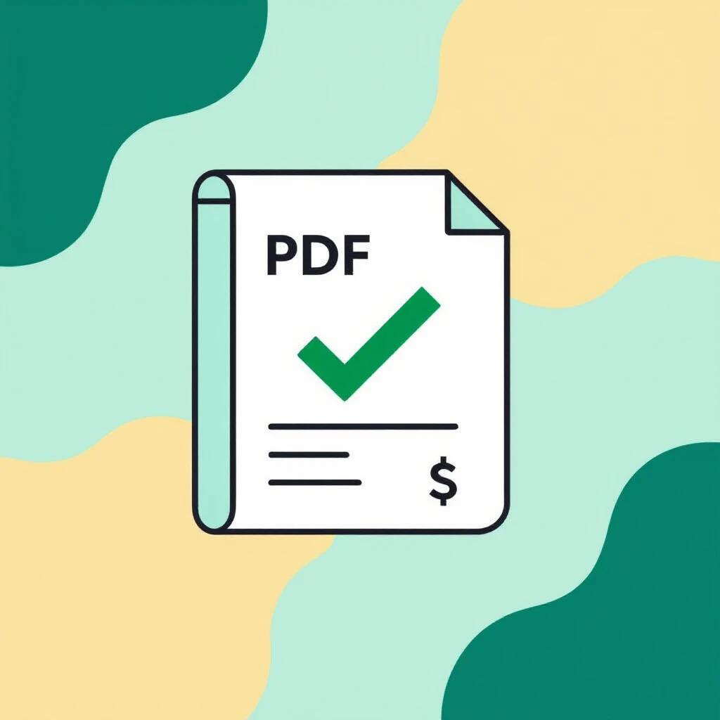 Minimalistic logo representing PDF receipt verification service. The design features a stylized document with a green checkmark. Includes USDT symbol. Clean geometric shapes dominate the design. Contrasting bright and dark colors enhance the serious style.