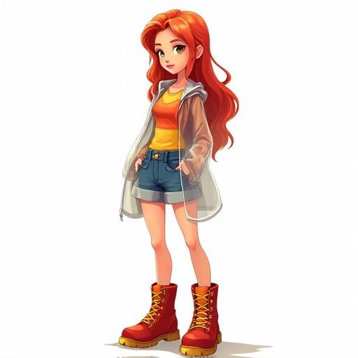 Anime character design of a girl with red and yellow hair. She wears a transparent raincoat over a red and yellow shirt and blue shorts. The outfit includes shiny red hiking boots with yellow laces. The background is plain white.