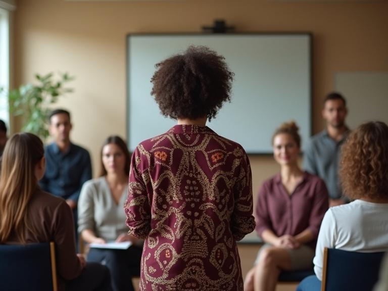 Middle-aged Aboriginal Australian woman in casual attire with Aboriginal art design delivering a speech at the front of a meeting room. Camera angle from back of audience showing diverse audience of 10 people seated in front. Group reflects Australian demographics. Warm natural lighting with cohesive palette of creams, browns, rich maroons, and navy blues.