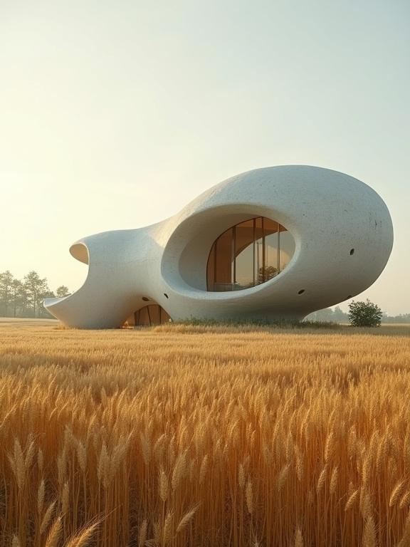 Futuristic hotel design inspired by nature with organic architecture. Wheat field surrounds the building. Soft lighting highlights the unique shape. Contemporary materials and forms dominate the structure.